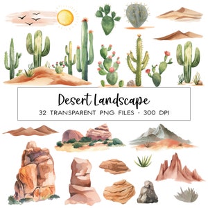 Wüsten Landschaft Clipart / Schlucht Aquarell Bündel / PNG Qualität / Kommerzielle Nutzung / Lizenz inklusive / Boulder / Südwesten / Kaktus