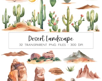 Desert Landscape Clipart / Canyon Watercolor Bundle / High Quality PNG / Commercial Use / License Included / Boulder / Southwest / Cactus