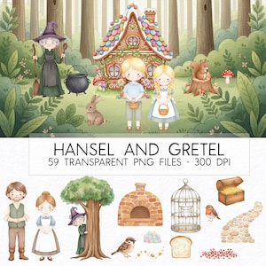 Peut inclure: Ensemble d'illustrations à l'aquarelle sur le thème du conte "Hansel et Gretel". Comprend une maison en pain d'épices, une sorcière, des enfants, des animaux et d'autres objets connexes. Le texte "HANSEL AND GRETEL" est affiché, ainsi que les détails du fichier.