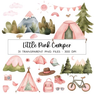 Clipart de pacote de acampamento rosa / aquarela / PNG de alta qualidade / Uso comercial / Clipart de pequeno campista / Montanha / Árvore / Tenda