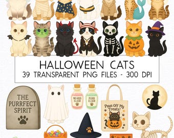 Cat Halloween Clipart Bundle / Watercolor / High Quality PNG / Commercial Use / Nursery Clipart
