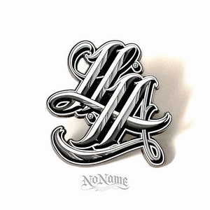 May include: A stylized black and white design featuring the intertwined letters "LA". The letters have a glossy, metallic appearance with intricate detailing and a cursive font. The text "No Name" is below the letters.