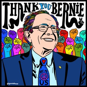 May include: A digital illustration of Bernie Sanders with rainbow hair, wearing a blue suit and a tie with a peace sign and the words "Not Me Us". The background features a crowd of raised fists in various colors.