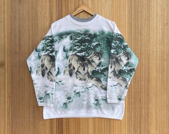 Vintage Art Unlimited Wolf Sweatshirt All Over Print Crewneck Jumper Pullover Sweater