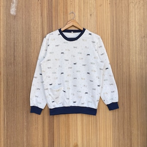 Vintage Cats Graphical Cartoon Sweatshirt All Over Print Crewneck Jumper Pullover Sweater