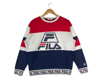Sudadera vintage Fila con cuello redondo, estampado integral y logotipo grande