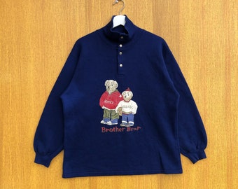 Vintage America Bear Sweatshirt Big Logo Brother Bear Turtleneck Half Button Pullover Crewneck Sweater
