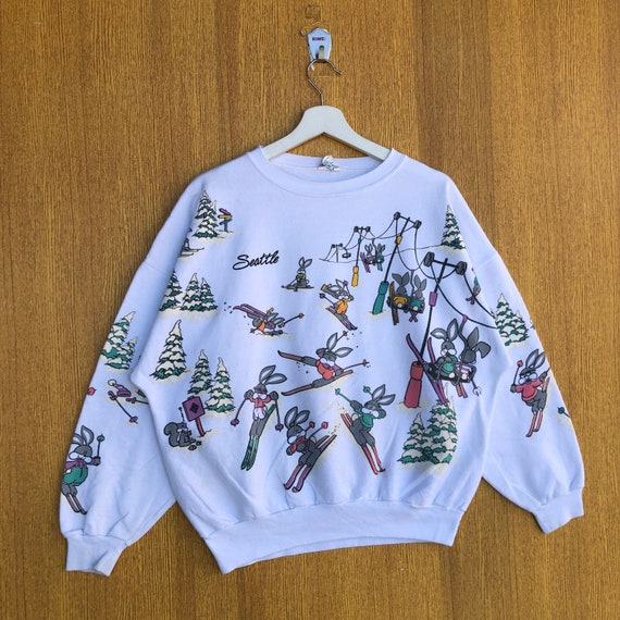 Vintage Seattle Bunny Rabbit Ski Sweatshirt Monog… - image 4