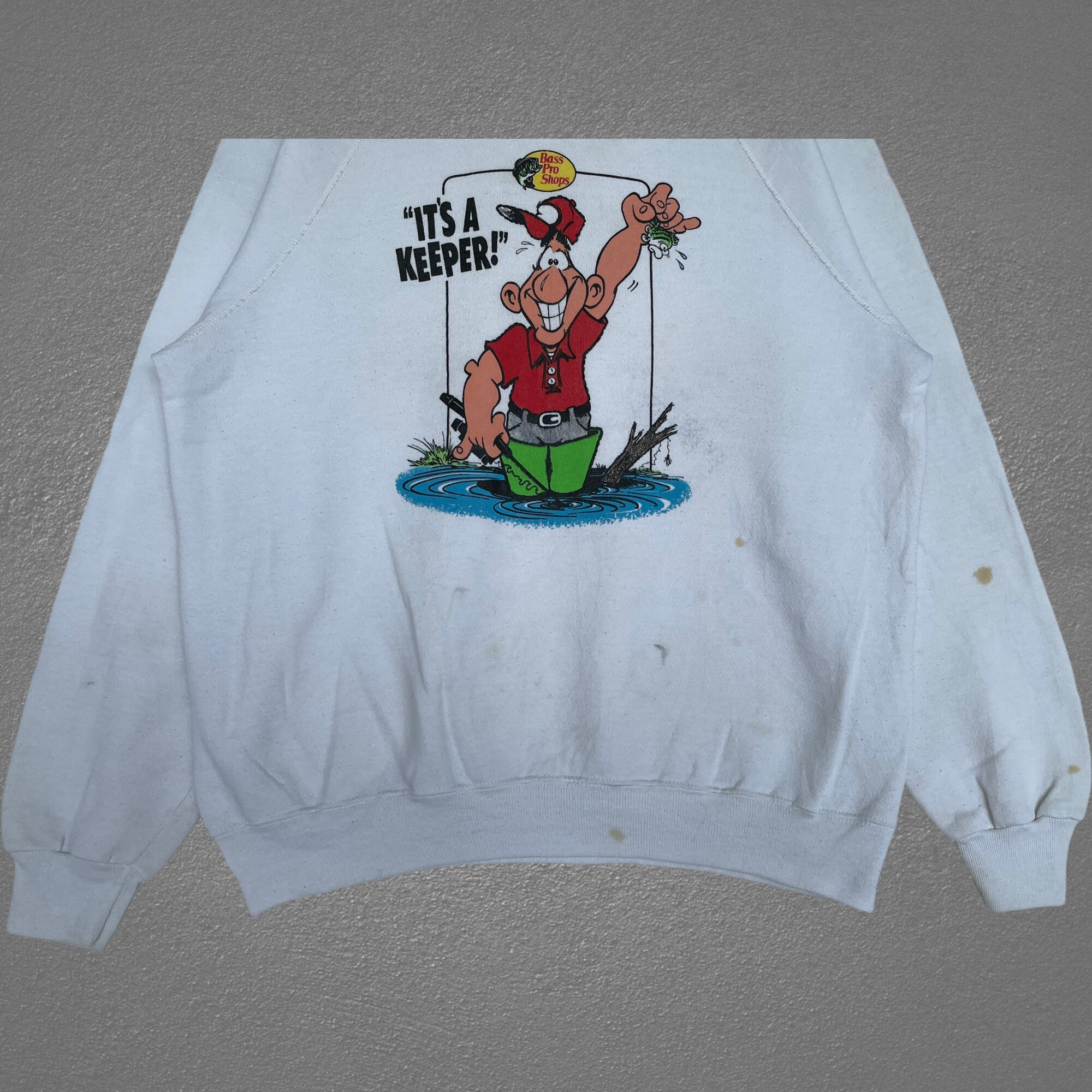 Vintage Bass Pro Shops Fishing Sweatshirt All Over Print Its Keeper  Crewneck Jumper Pullover 