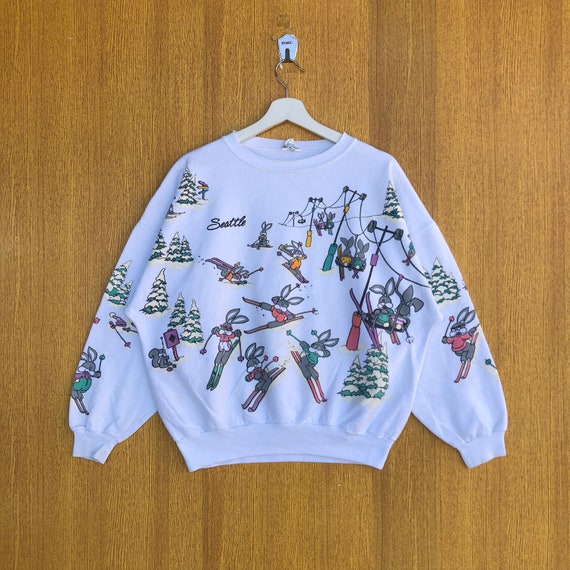 Vintage Seattle Bunny Rabbit Ski Sweatshirt Monog… - image 1