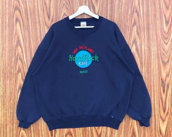Vintage 90s Hard Rock Cafe Maui Save The Planet Navy Blue Crewneck Sweatshirt Embroidered Spellout Jumper Pullover