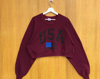 Vintage USA Sweatshirt Crop Top Big Logo Spellout Crewneck Jumper Pullover Sweater