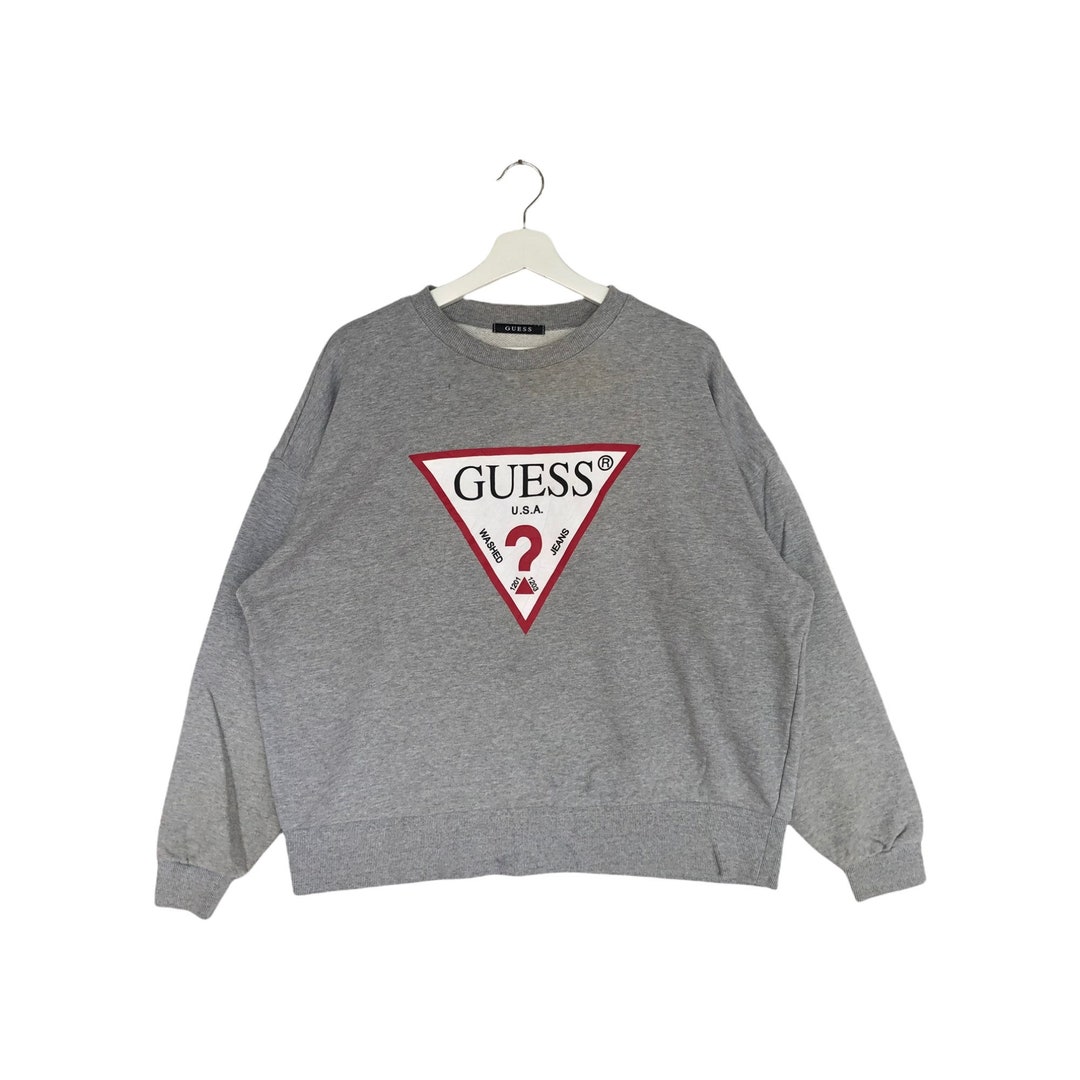 Sudadera vintage Guess Jeans USA con estampado integral y logotipo grande color gris jersey de cuello redondo Etsy Mexico