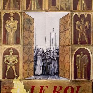 May include: A vintage movie poster for the film "Le Roi Lear" featuring a dramatic illustration of a king and his daughters in a castle setting. The poster is in French and includes the names of the actors and director.