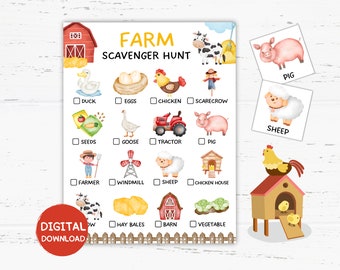 Op de afbeelding: Een printbare boerderij-thema scavenger hunt checklist met kleurrijke illustraties van boerderijdieren, een tractor, een schuur en andere boerderijgerelateerde items. De checklist bevat de woorden "Boerderij Scavenger Hunt" en heeft vinkjes naast elk item.