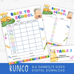 Cartões de pontuação Bunco para impressão de volta às aulas, planilha de Bunco para escola, planilhas de contagem de Bunco, atividades de jogos de volta às aulas, lembrancinhas para festas temáticas