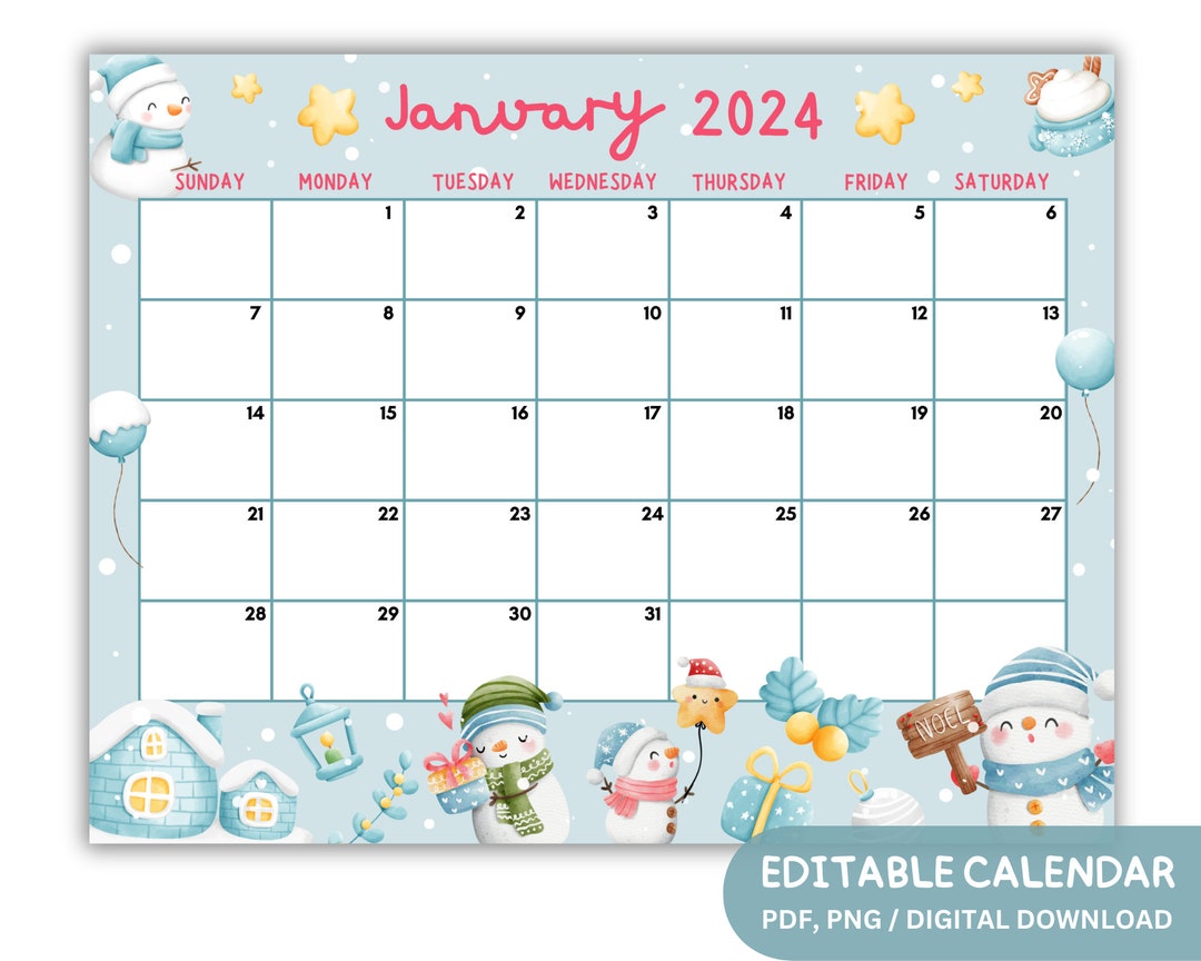 EDITABLE January 2024 Calendar Printable Snowman Calendar Etsy UK