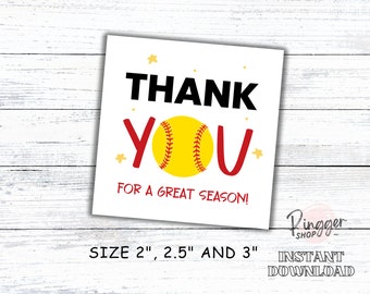 May include: Thank you for a great season!  A printable softball-themed thank you card with a yellow softball and red text.  The card is available in 2, 2.5, and 3 inch sizes.