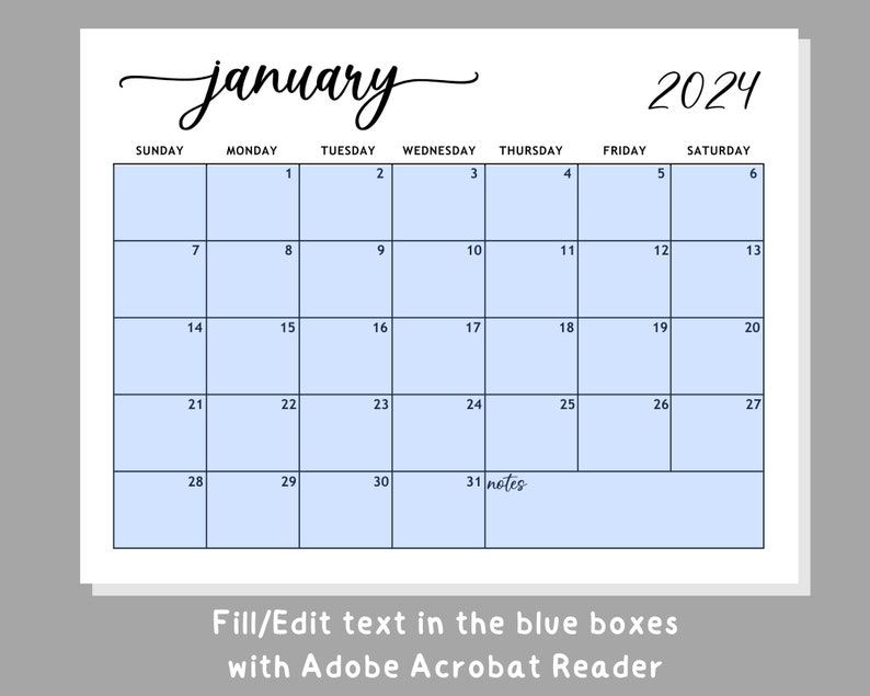 Editable January Calendar 2024, Printable Calendar January 2024, Simple