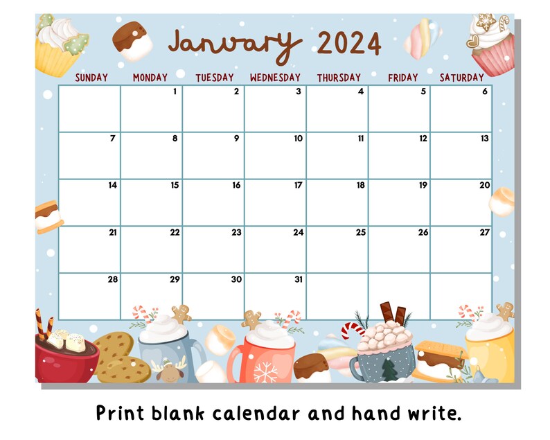 EDITABLE January 2024 Calendar Printable, Coffee Calendar 2024, Winter