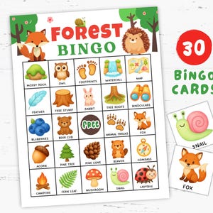 Forest Bingo Spiel 30 Karten, druckbare Bingokarten zum Thema Natur, lustige Lernaktivität für Klassenzimmer, Camps und Homeschool, Campspiele