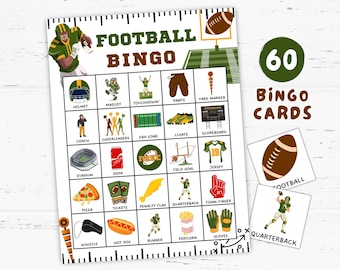 Football Bingo Game 60 Cards, Printable Sports Activity, Football Games Printable, Sport Party Ideas, Football Theme Birthday Favors