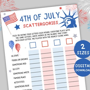 4. Juli Scattergories-Spiel zum ausdrucken, Scattergories Geburtstag, Partyspiele am 4. Juli, Aktivitäten für Kinder und Erwachsene