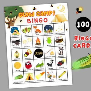 Jeu de bingo Glow Camp à imprimer 100 cartes, activité nocturne de camping, jeux autour d'un feu de camp, thème de fête dans une colonie de vacances, jeu familial amusant, bingo de camping
