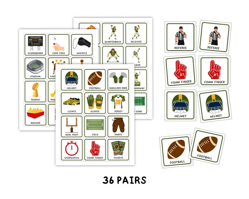 Football Memory Matching Game Printable, Football Flashcards, Football ...