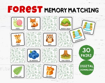 Jeu d'associations de souvenirs en forêt pour enfants, activité imprimable avec les animaux de la forêt, jeu Montessori amusant pour les enfants d'âge préscolaire et les jeunes enfants