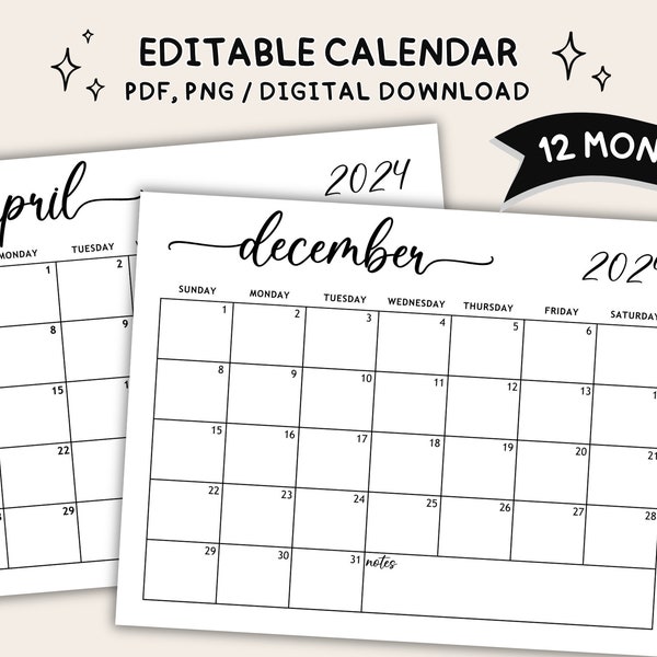 Editable Calendar 2024 Printable, 2024 Monthly Calendar PDF, 2024 Digital Planner Black and White Templates, Minimalist Calendar 2024
