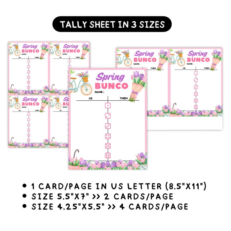 Spring Tally Sign Spring Bunco Score Card Printable, Tally Sheets, Spring Themed Party ...