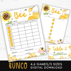 May include: A set of printable Bunco game sheets with a bee theme. The sheets include spaces for scores, dice rolls, and game details. The design features watercolor illustrations of bees, sunflowers, and honeycombs. The text "Bunco" and "Digital Download" are also included.