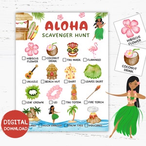 Aloha Scavenger Hunt stampabile, Caccia al tesoro alle Hawaii, Caccia al tesoro estiva, Caccia al tesoro al coperto per bambini, adolescenti e adulti, Giochi estivi