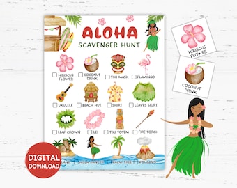 Utskrivbar Aloha-skattjakt, Hawaii-skattjakt, sommarskattjakt, inomhusskattjakt för barn, tonåringar och vuxna, sommarlekar