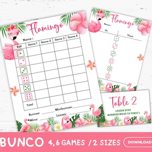 Tarjetas de puntuación de Flamingo Bunco imprimibles, hoja de Bunco de verano, hojas de conteo de Bunco de verano, juegos de flamencos, favores de fiesta de cumpleaños temática de flamencos