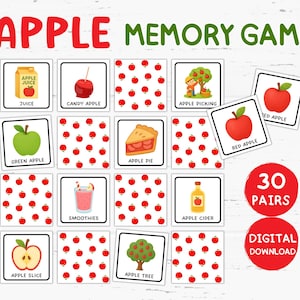 May include: A colorful memory game featuring apple-themed illustrations. The game includes cards with images of apples, apple pie, juice, and more. The text "APPLE MEMORY GAME" is at the top, with "30 PAIRS" and "DIGITAL DOWNLOAD" also visible.