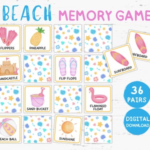 Juego de memoria de playa imprimible, juego de correspondencias de playa, tarjetas didácticas de playa, juego de memoria de verano, tarjeta flash de verano, ideas de juegos de actividades en la playa
