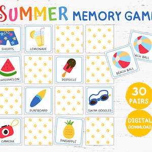 Juego de memoria de verano imprimible, juego de correspondencias de verano, tarjetas didácticas de verano, hoja de actividades de verano para niños, favores de juegos temáticos de fiesta de verano
