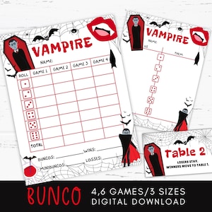 May include: A set of printable Bunco game sheets with a vampire theme. The sheets are white with red accents, featuring vampire illustrations, spiderwebs, and the word "VAMPIRE". Includes score sheets and table cards.