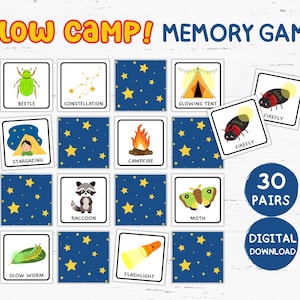 Gioco di abbinamento di memoria Glow Camp per bambini, divertente gioco di carte a tema campeggio notturno per aule, feste o serate in campeggio in famiglia, attività di campeggio