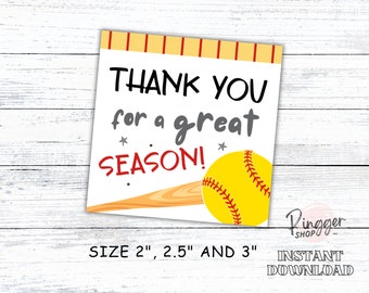 May include: A printable thank you card for a softball coach or player. The card features a yellow softball with red stitching, a brown baseball bat, and the text "THANK YOU for a great SEASON!" in black and red text. The card is available in three sizes: 2 inches, 2.5 inches, and 3 inches.