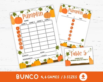 May include: Printable Bunco game sheets with a pumpkin theme. The sheets have spaces for names, scores, and dice rolls. The design features orange pumpkins and green vines. The word "Pumpkin" is at the top of the sheets. The text "Bunco" is at the bottom.