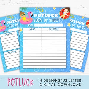 Puede incluir: Hojas de inscripción para potluck con un fondo azul con temática de piscina. Las hojas presentan ilustraciones de personas en juguetes inflables y rodajas de sandía. El texto "POTLUCK SIGN UP SHEET" se muestra de forma destacada. Para aperitivos y platos principales.