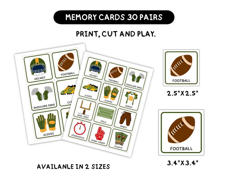 Football Memory Matching Game Printable, Football Flashcards, Football ...