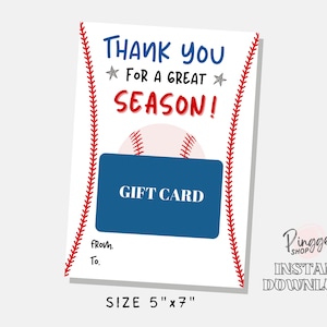 Titolare della carta regalo per allenatore di baseball, biglietto di ringraziamento per allenatore di baseball, carta regalo di ringraziamento per la fantastica stagione di baseball stampabile