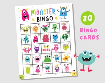 Monster Bingo Cards Printable 30 Cards, Monster Game Printable, Halloween Family Games for Kids, Teens and Adults