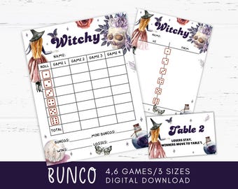 Witchy Bunco Scorecards Printable, Witch Bunco, Halloween Bunco Cards, Halloween Activities, Witch Theme Party Games, Witch Party Favors