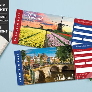 Plantilla de titular de tarjeta de embarque de Países Bajos, regalo de viaje sorpresa, plantilla de billete de avión, billete de vacaciones, descarga digital de billete de regalo de Europa