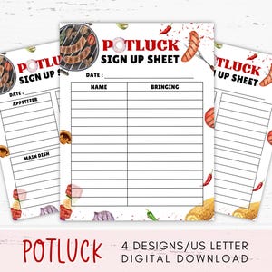 Peut inclure: Plusieurs feuilles de potluck pour s'inscrire avec un design à l'aquarelle. Les feuilles présentent un grill, des saucisses grillées et des légumes. Le texte sur les feuilles comprend "Potluck Sign Up Sheet", "Date", "Name" et "Bringing".